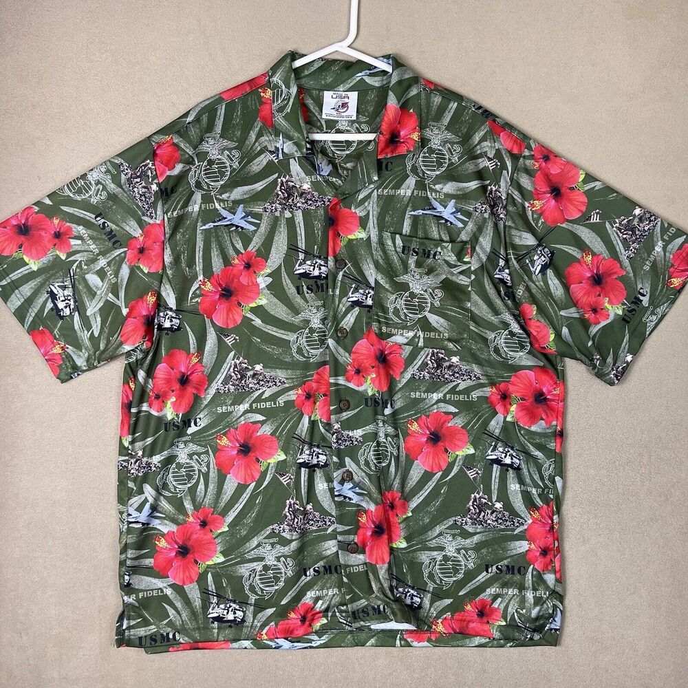 AE Sport Shirt‎ Mens XXL Green US Marines Hawaiian Button Up Beach Adult